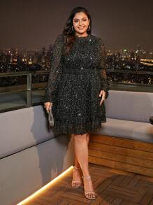 SHEIN Frenchy Plus Keyhole Back Sheer Sleeve Dress - Black - View 5