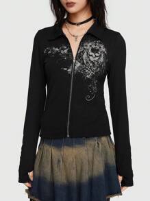 ROMWE Grunge Punk Đồ Họa In Zip Up Tee, Trường Học - màu đen - Xem 5