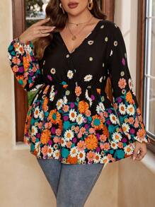 SHEIN VCAY 大碼印花燈籠袖荷葉邊下擺襯衫 - 彩色 - 查看 2