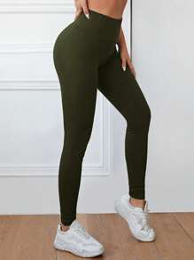 EURMUSE Wide Waistband Solid Leggings - Army Green - View 4