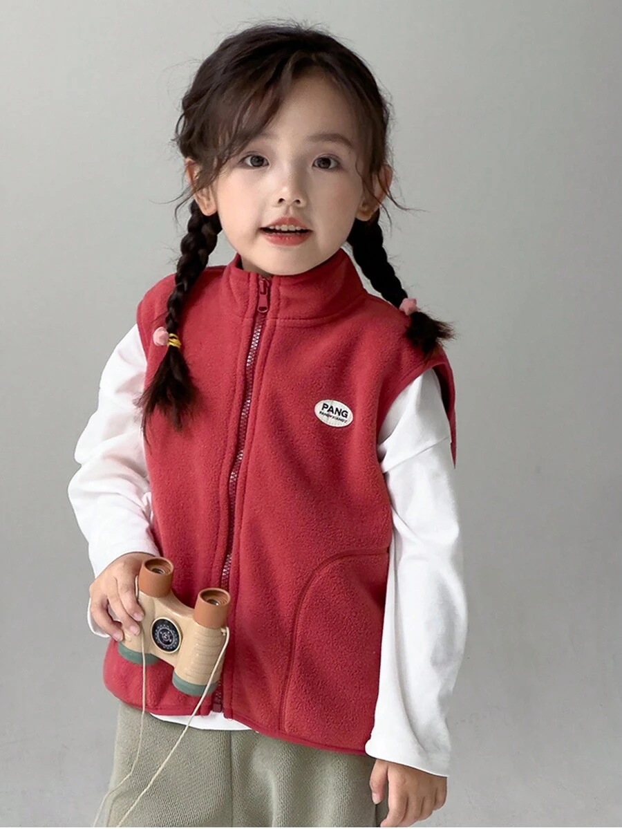 SHEIN Cô Gái Trẻ 1 Miếng Chi tiết Patched thư Dây kéo Áo khoác vest - Đỏ - Xem 1