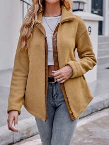 Chiquease Contrast Trim Drop Shoulder Teddy Coat - Khaki - View 1