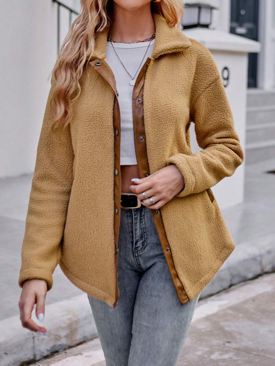 Chiquease Contrast Trim Drop Shoulder Teddy Coat - Khaki - View 1