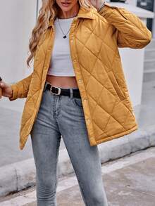 SHEIN Essnce 落肩纽扣前绗缝棉服外套冬季 - 黃色 - 查看 3