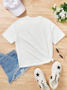 Tween Girl Casual Simple Cartoon Smiling Pattern Short Sleeve T-Shirt Round Neck Suitable For Summer Wear - White - View 2