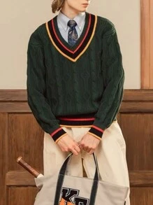 Men Striped Trim Cable Knit Drop Shoulder Sweater - Green - View 1