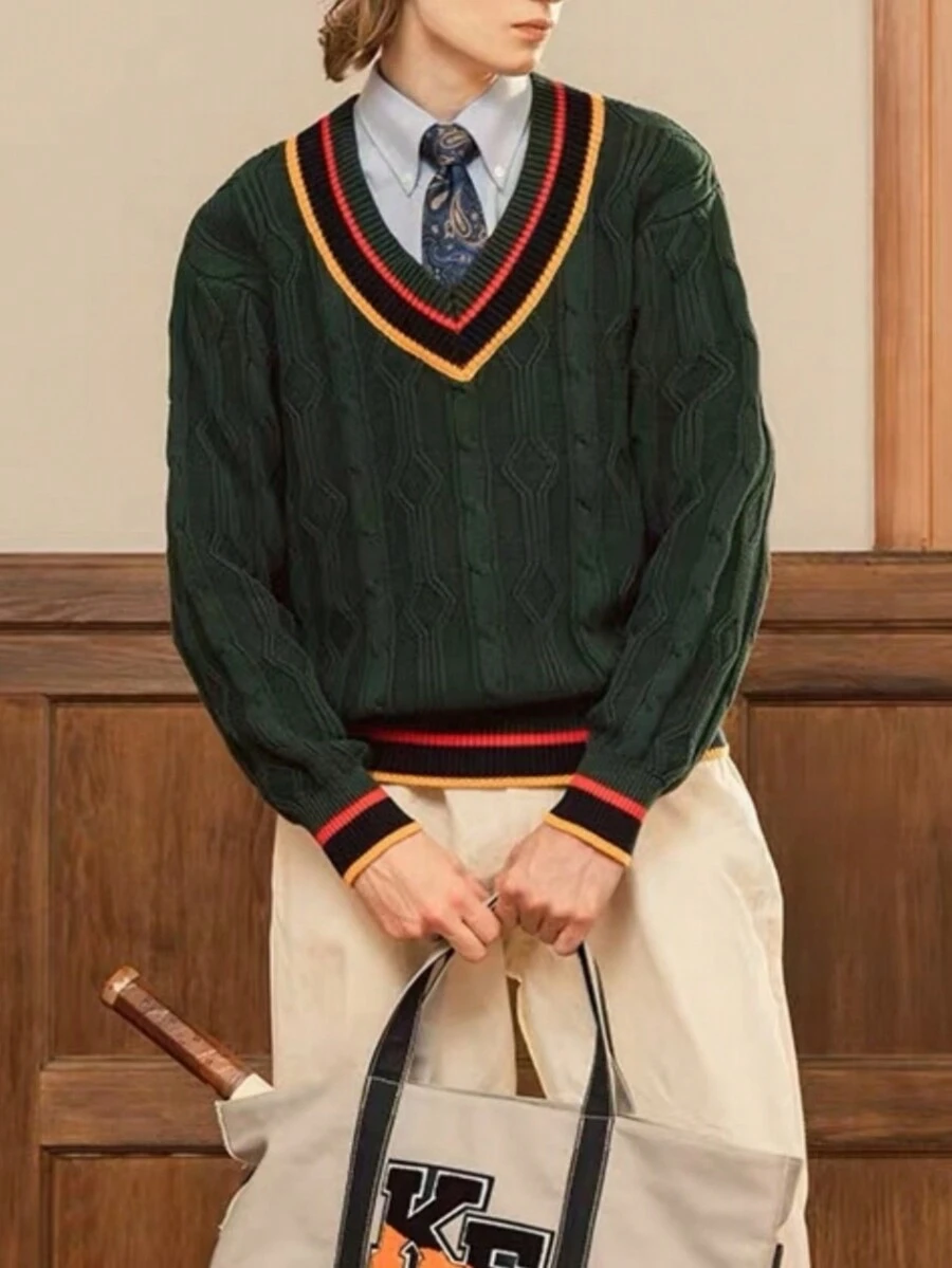 Men Striped Trim Cable Knit Drop Shoulder Sweater - Green - View 1