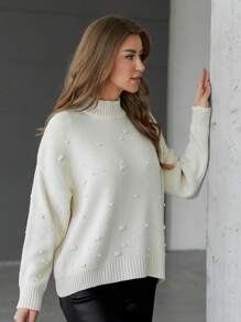 EURMUSE Cổ giả Thả vai Ngọc trai đính cườm Áo len - Màu be - Xem 3