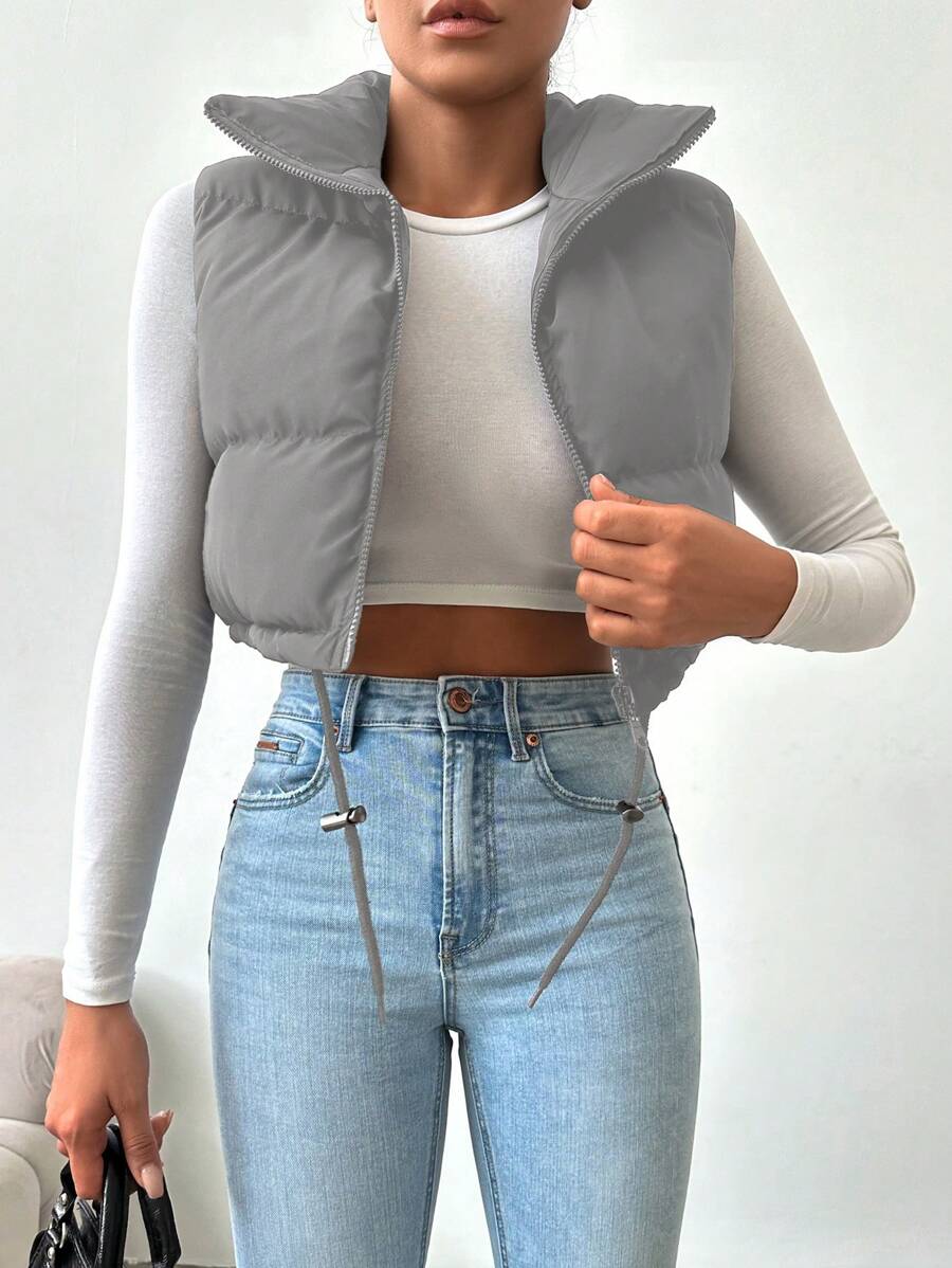 RueChic Zip Up Drawstring Hem Vest Puffer Coat - Grey - View 1