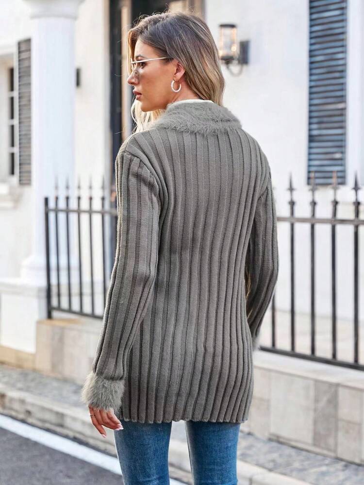 Fuzzy Collar Button Front Cardigan Fall Cloth For Women