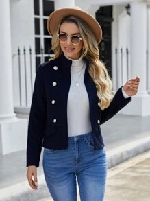 EMERY ROSE 雙排釦花呢外套 - 藏蓝色 - 查看 5