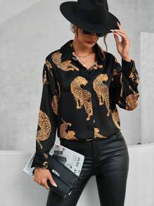 SHEIN Clasi Camisa con estampado de leopardo con botón delantero - Negro - Ver 1