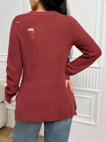 SHEIN LUNE 破洞流蘇下擺條紋針織套頭毛衣