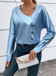 SHEIN Essnce Solid Button Detail Asymmetrical Neck Blouse - Blue - View 1