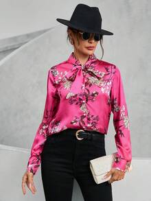 SHEIN Clasi In hoa Cà vạt Xa ten Áo sơ mi - Màu Hoa hồng đỏ - Xem 4