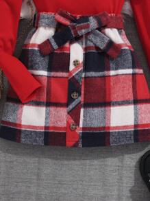 SHEIN 女大童高領羊腿袖T恤&格紋印花腰帶半身裙&帽適用於聖誕 - 紅色 - 查看 8