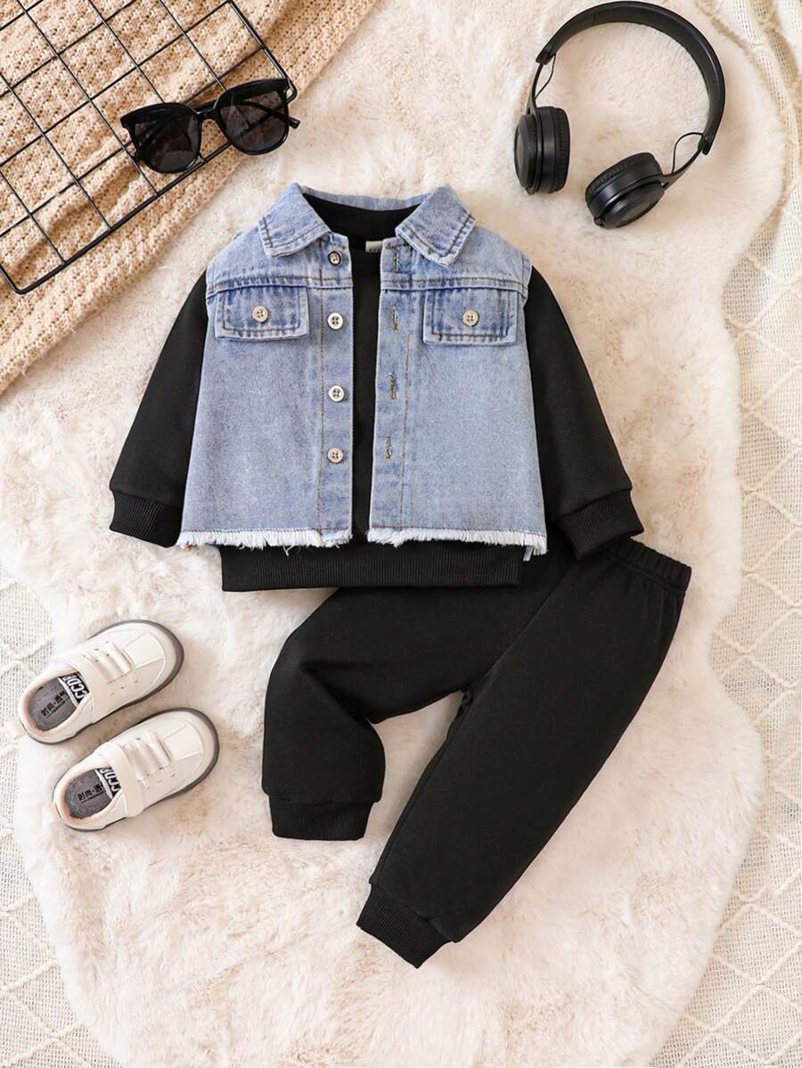 Baby Boy Raw Trim Flap Detail Jacket & Sweatpants & Tee - Black - View 1