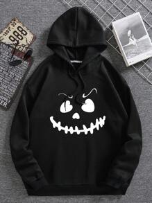 Men Cartoon Graphic Drawstring Thermal Lined Hoodie - Black - View 1