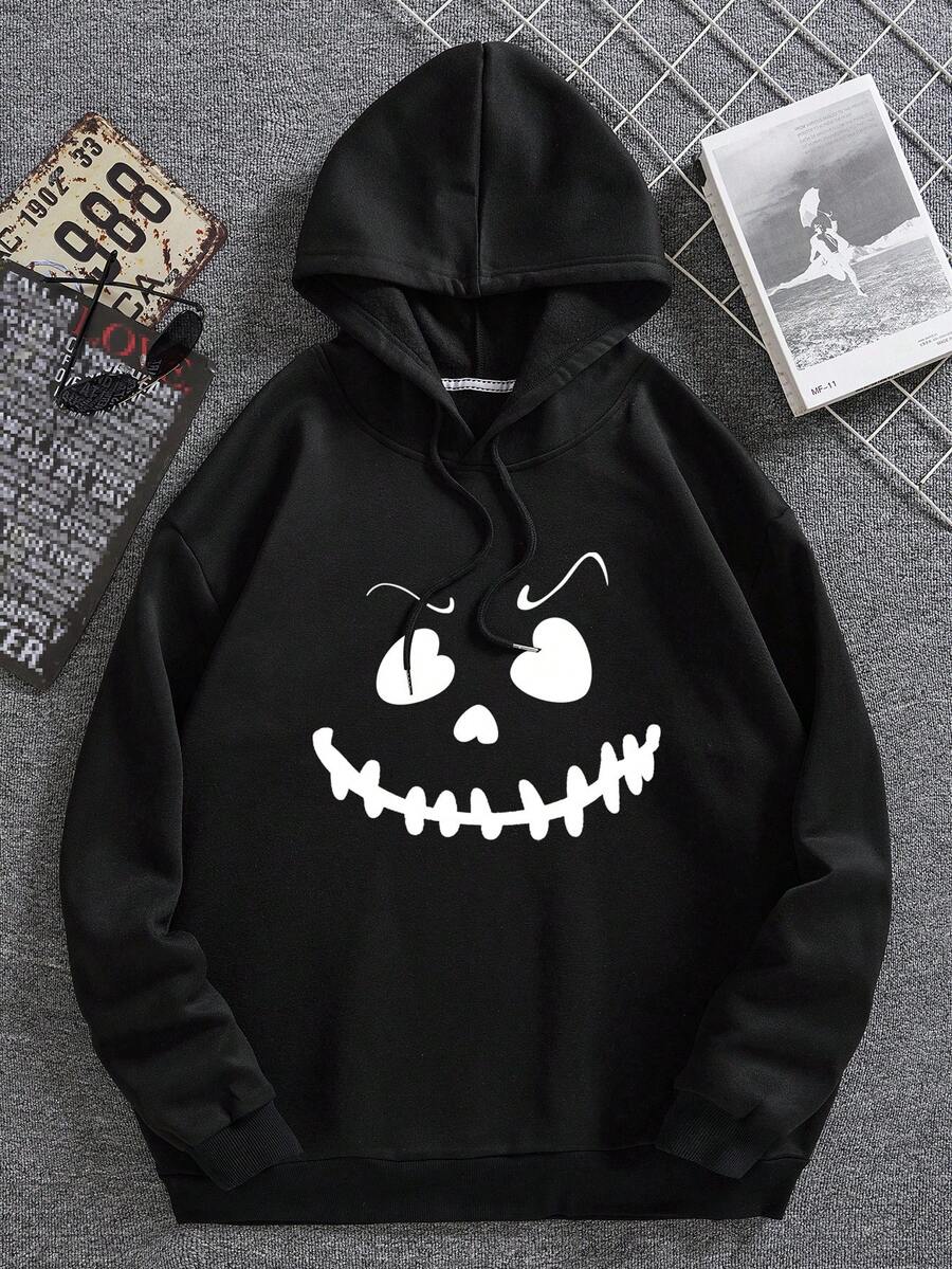 Men Cartoon Graphic Drawstring Thermal Lined Hoodie - Black - View 1