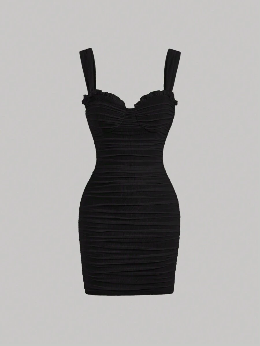 SHEIN MOD 褶邊褶邊緊身吊帶洋裝 - 黑色 - 查看 1