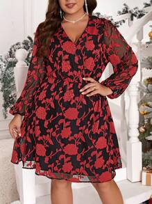 SHEIN Clasi Plus Floral Print Lantern Sleeve Overlap Collar Dress - Red - View 2