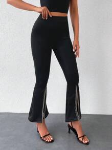 RueChic Rhinestone Fringe Trim Split Hem Flare Leg Pants - Black - View 6
