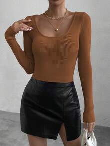 SHEIN Essnce Scoop Neck Ribbed Knit Sweater - Rust Brown - View 4