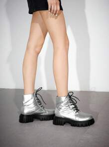 SheIn ICON 時尚粗跟靴子 - 銀色 - 查看 11