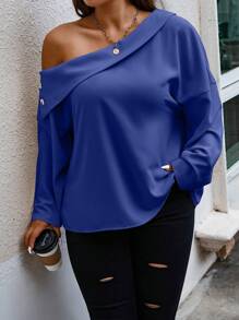 Celure Plus Asymmetrical Neck Drop Shoulder Blouse - Royal Blue - View 1