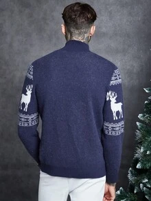 GENTILAND 男士聖誕麋鹿&雪花圖案拉鍊開襟衫 - 藏蓝色 - 查看 2