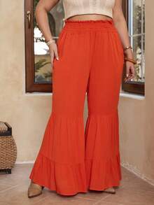 SHEIN VCAY 大碼紙袋腰荷葉邊喇叭褲 - 棕色 - 查看 4