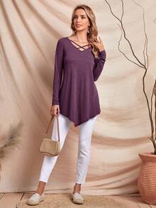 EMERY ROSE 前交叉手帕下擺T恤 - 紫色 - 查看 5