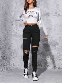 SHEIN PETITE 高腰破洞緊身牛仔褲 - 黑色 - 查看 5