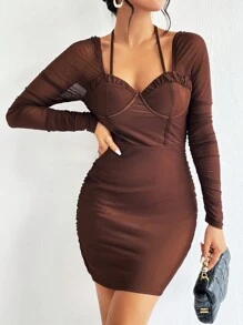 SHEIN Privé 後綁帶褶邊緊身洋裝 - 巧克力棕 - 查看 5