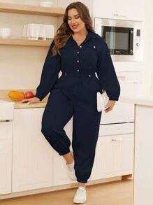 SHEIN Essnce Plus Flap Detail Elastic Waist Shirt Jumpsuit - Navy Blue - View 7