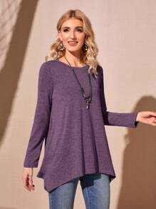 EMERY ROSE Solid Asymmetrical Hem Tee - Purple - View 3