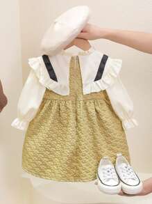 Young Girl Ruffle Trim Flounce Sleeve 2 In 1 Dress - Mustard Yellow - View 2