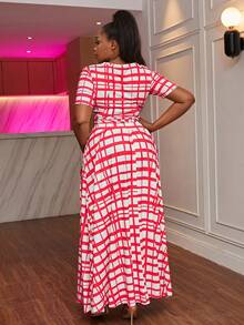 Plus Plaid Print Tie Front Top & Skirt - Hot Pink - View 2