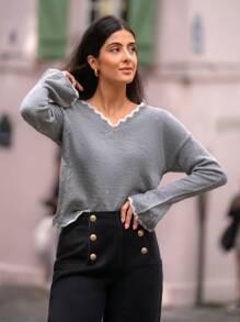 SHEIN Frenchy 拼接邊落肩袖套頭毛衣 - 灰色 - 查看 1