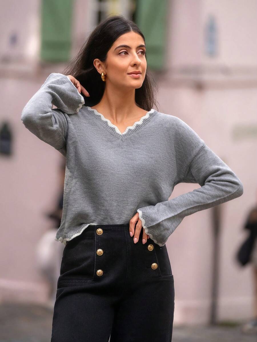 SHEIN Frenchy 拼接邊落肩袖套頭毛衣 - 灰色 - 查看 1