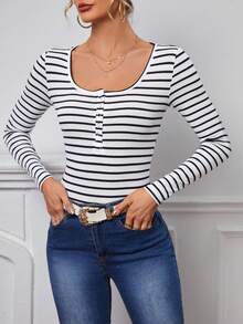 SHEIN Essnce Striped Print Half Button Tee - Blue and White - View 3