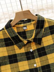 SHEIN CURVE+ 大碼格紋印花前紐扣襯衫 - 黃色 - 查看 3