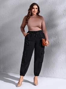 EMERY ROSE Plus Drawstring Waist Flap Pocket Cargo Jeans, Fall Women Clothes - Black - View 5