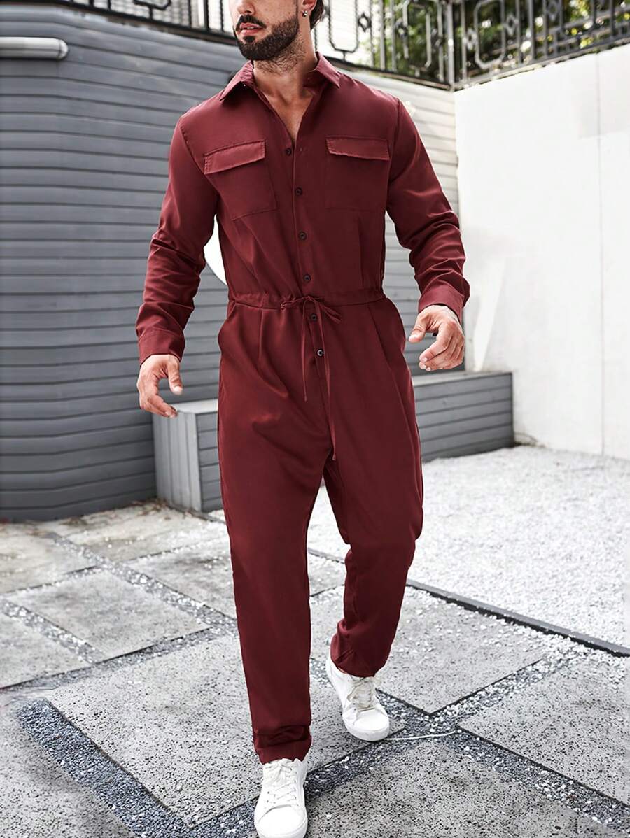 Manfinity Homme Nam Túi có nắp Eo dây rút Áo liền quần - Màu Đỏ Sâu - Xem 1