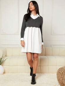 SHEIN Maternity Two Tone 2 In 1 Nursing Dress - Grey - View 3