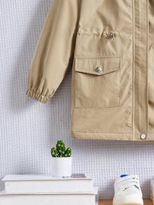 SHEIN Cô gái Tween Túi có nắp Eo dây rút Trang trí Fuzzy áo có mũ Lót nhiệt áo - Màu Khaki - Xem 3