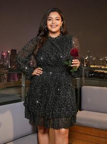 SHEIN Frenchy Plus Keyhole Back Sheer Sleeve Dress - Black - View 1