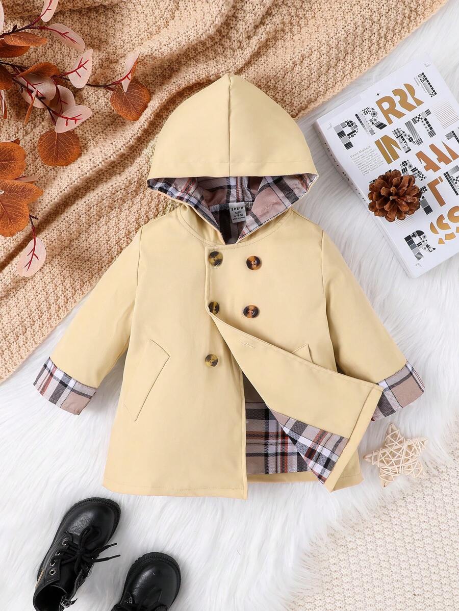 Bebé niño Gabardina de cuadros de doble botonadura con capucha - Albaricoque - Ver 1