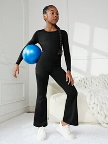 SHEIN 女大童素色T恤&喇叭褲 - 黑色 - 查看 3