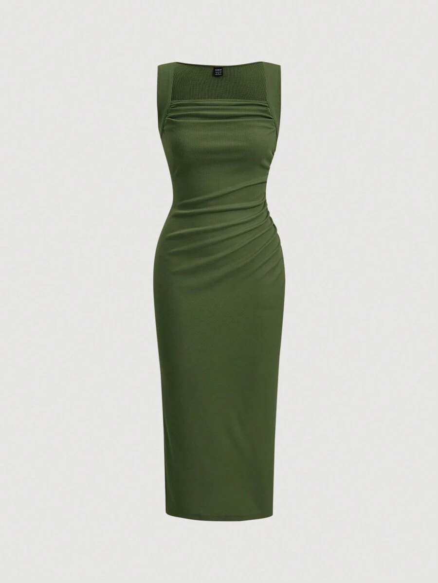 SHEIN MOD Chất rắn Xù Tách đùi Đầm - xanh quân đội - Xem 1